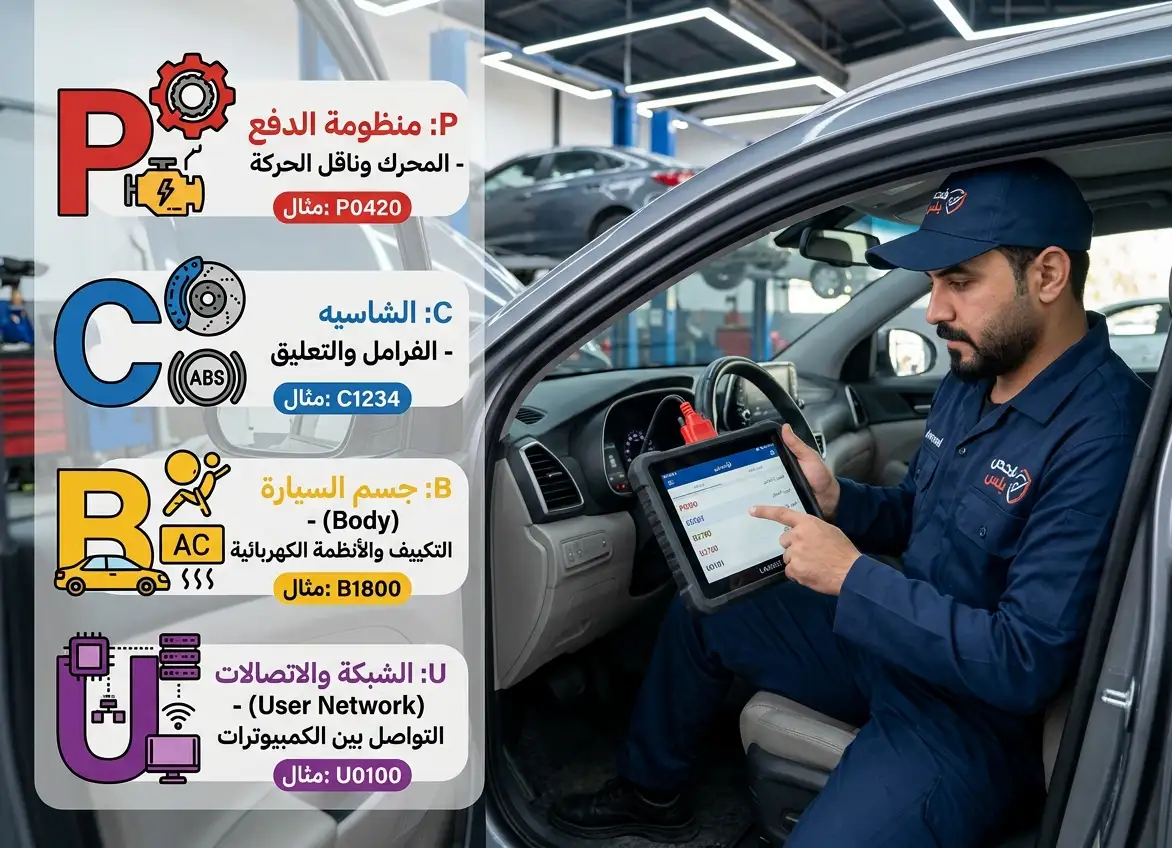 ماذا تعني الحروف في أكواد الأعطال (P, C, B, U)؟ دليلك لفهم لغة سيارتك.