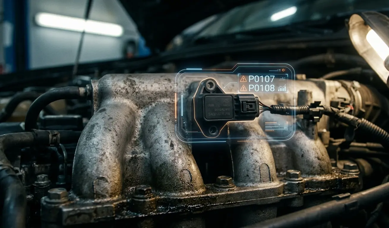 P0107 وP0108: حساس الضغط المطلق (MAP Sensor) يضلل عقل السيارة وأنت تدفع الثمن